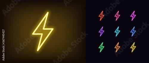 Neon lightning flash icon. Glowing neon thunder bolt sign, electrical discharge