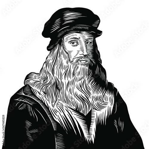 Vector Drawing Face Portrait Illustration for Leonardo Da Vinci in Black White