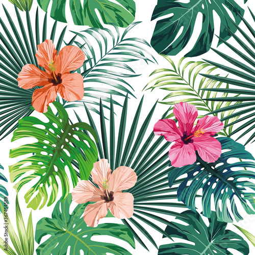 Seamless exotic pattern with tropical palm, banana, monstera leaves and rose, beige and pink hibiscus flower on a white background green vector style. Hawaiian tropical natural floral wallpaper