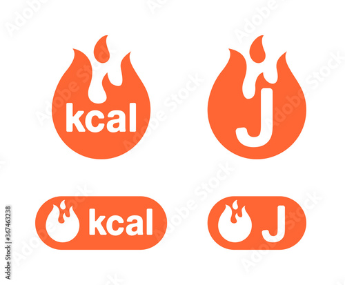 kcal sign and joule icon - kilocalorie anargy unit emblem for food products cover designation - fat burning visualization - isolated vector element