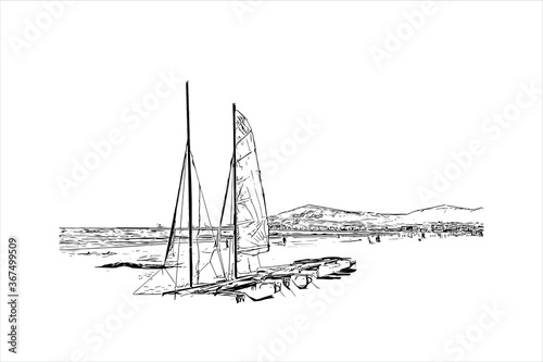 Building view with landmark of Agadir, a city along Morocco’s southern Atlantic coast. Hand drawn sketch illustration in vector.