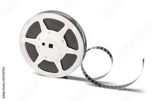 Film reel with filmstrip isolated on white background.