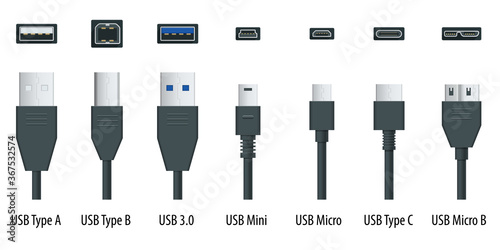 Flat black usb types port plug in cables set with realistic connectors. Connector and ports. USB type A, type B, type C, Micro, Mini, MicroB and type 3.0