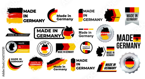 Made in Germany. Big set of label, stickers, pointer, badge, symbol and page curl with German flag icon on design element. Collection vector illustration. Isolated on white background.