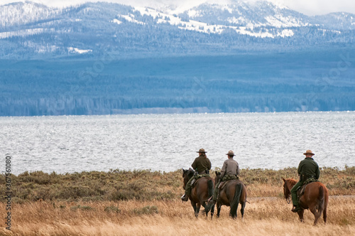 National Park rangers checking things out along Lake Yellowstone; Yellowstone NP; Wyoming