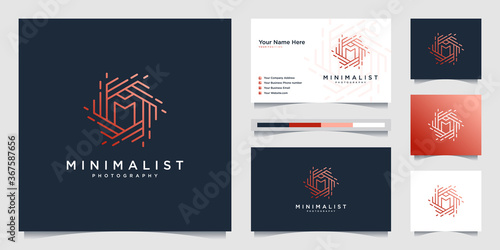Minimalist logo design photography with initial M. line style design, lens, focus and optical.