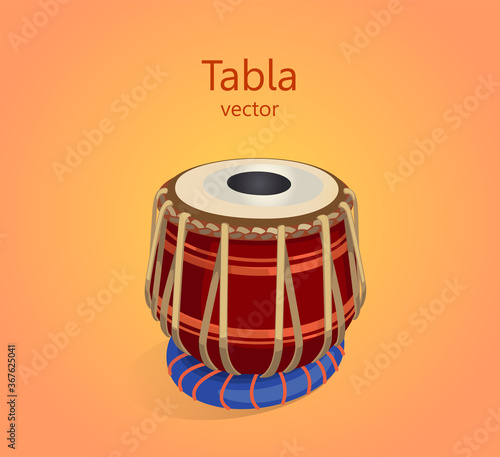 Tabla percussion oriental musical instrument. Double drum, the main percussion instrument of Indian classical music. Vector illustration of a drum on an orange background, the text can be replaced.