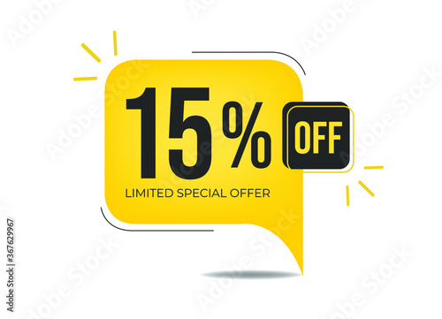 15% off limited special offer. Banner with fifteen percent discount on a yellow square balloon.