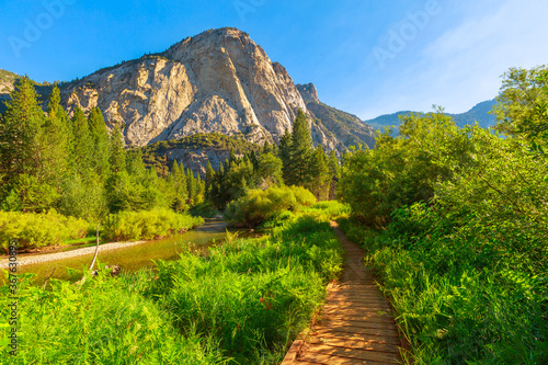 Californian excursion hike, Zumwalt Meadows hiking in Kings Canyon National Park, a large clearing in the forest with wildflowers and granite cliffs of Grand Sentinel obelisk rock.