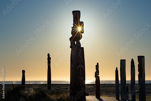 Traditional maori carvings part of Ātea a Rangi star compass, Clive, New Zealand