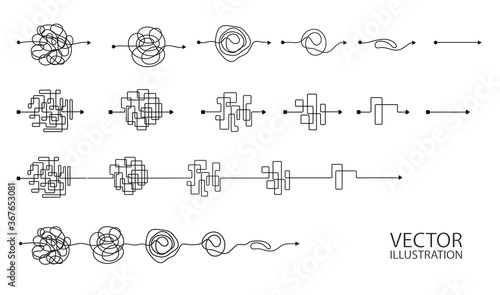 Set of messy clew symbols line of symbols with scribbled round element, consept of transition from the complicated to simple, isolated on white background Vector illustration.