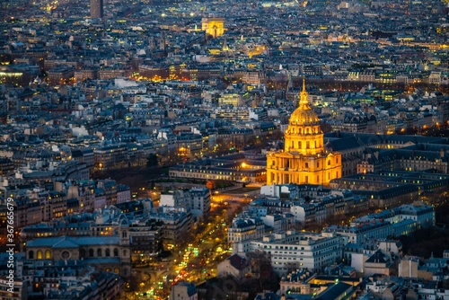 Aerial view of city Paris, the capital in France, at night.