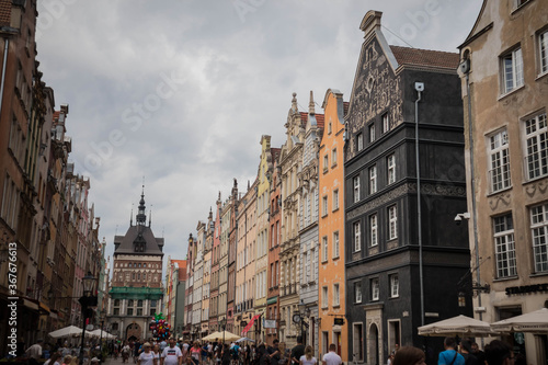 Gdansk, Poland, July 5, 2020, old, colourful renaissance buildings along Dluga Street in Gdansk