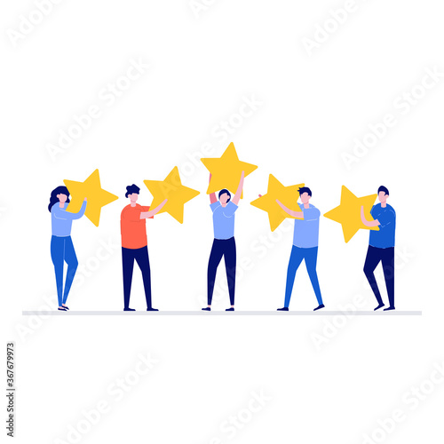 Feedback or rating vector illustration concept with characters. Happy people holding five stars over their heads. Modern flat style for landing page, template, web banner, infographics, hero images