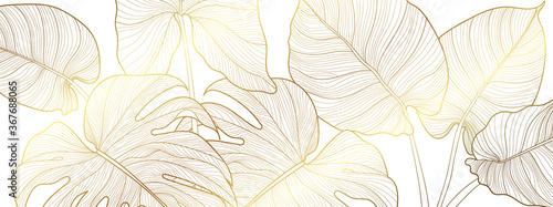 Luxury gold and nature green background vector. Floral pattern, Golden split-leaf Philodendron plant with monstera plant line arts, Vector illustration.