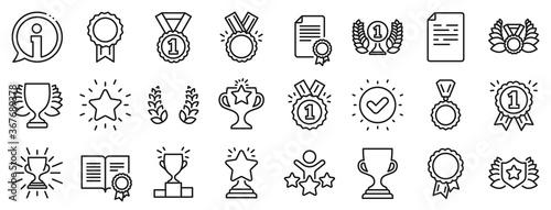 Set of Winner medal, Victory cup and Laurel wreath award icons. Award line icons. Reward, Certificate and Diploma message. Glory shield, Prize winner, rank star, diploma certificate. Vector
