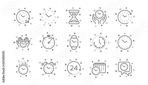 Timer, Alarm and Smartwatch. Time and clock line icons. Time management, 24 hour clock, deadline alarm icons. Sand hourglass, smartwatch, timer stopwatch. Linear set. Geometric elements. Vector
