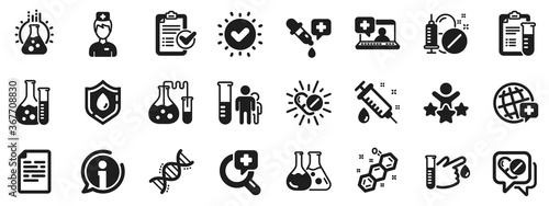 Drug testing, scientific discovery and disease prevention signs. Medical healthcare, doctor icons. Chemical formula, medical doctor research, chemistry testing lab icons. Vector