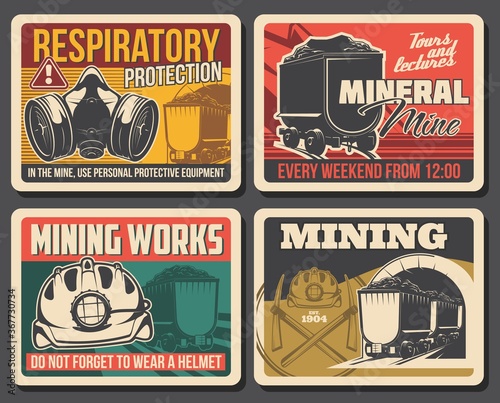 Ore and coal mining poster, mine industry factory and miner equipment, vector. Mining machinery and tools at coal and metal ore deposit quarry, miner wheelbarrow and respiratory protection sign