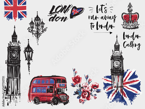 London vector illustration collection. Retro british watercolor grunge graphic for textile design or t-shirt print. Isolated elements on white background