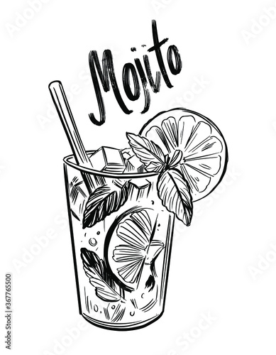 Mojito cocktail. Black outline on transparent background