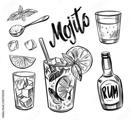 Mojito cocktail. Black outline on transparent background
