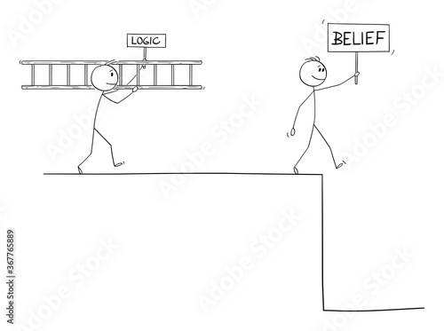 Vector cartoon stick figure drawing conceptual illustration of man with faith or belief hoping in help of superior power, predestination, god or luck, intelligent man of logic is looking for problem