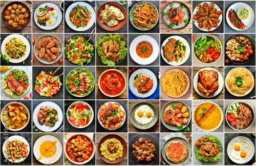 Natural food collage. Food background. Vegetable and meat dishes. Food in plates.