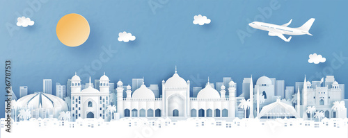 Panorama view of Islamabad, Pakistan with temple and city skyline with world famous landmarks in paper cut style vector illustration