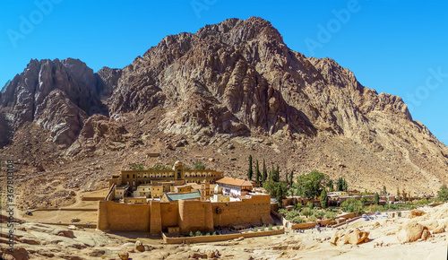 A panorama view of Mount Sinai, Egypt and Saint Catherine's Monastery at the base of the mountain in summertime