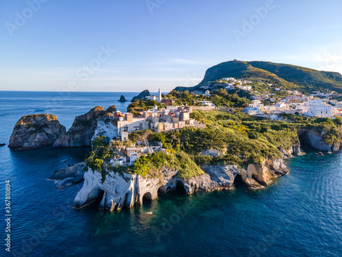 Panoramic aerial view at sunset of the harbour in the island of Ponza