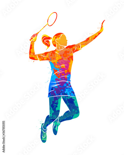 Abstract young woman badminton player jumping with a racket from splash of watercolors. Vector illustration of paints