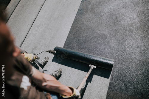 Details of waterproofing at construction site. Bituminous membrane insulation