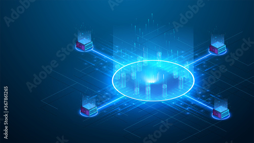 Exchanging cryptocurrency via portals. Blockchain technology theme. Binary digital code passing through an open circular neon glowing futuristic portal on blue background.Isometric vector illustration