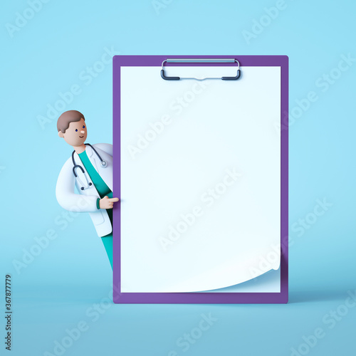 3d render. Cartoon doctor character looking out the big clipboard with blank page. Copy space. Clip art isolated on blue background. Professional consultation. Receipt mockup. Medical history concept