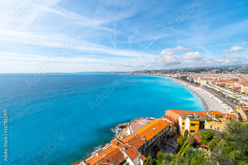 View from the Castle Hill Park of the Bay of Angels, Promenade des Anglais, Old Town and the city of Nice France on the French Riviera.