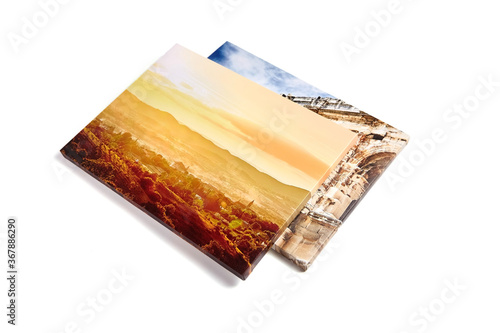 Canvas prints isolated on white background. Two stretched canvases with gallery wrap