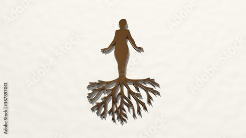 WOMAN WITH TREE ROOTS on the wall. 3D illustration of metallic sculpture over a white background with mild texture. beautiful and young