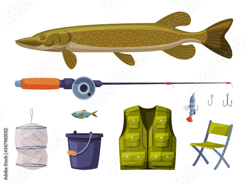 Fishing Equipment Set, Pike Fish, Rod, Apparel, Folding Chair, Cylindrical Net, Bucket Cartoon Vector Illustration