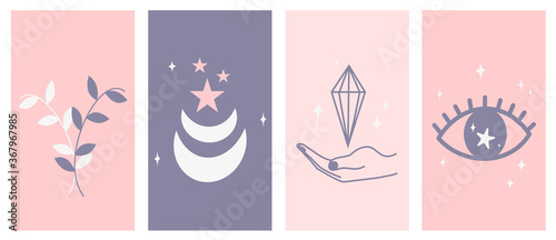 Vector set of abstract mystic logo design templates in simple linear style with moon, stars and eye elements symbols for instagram social media stories highlights and posts