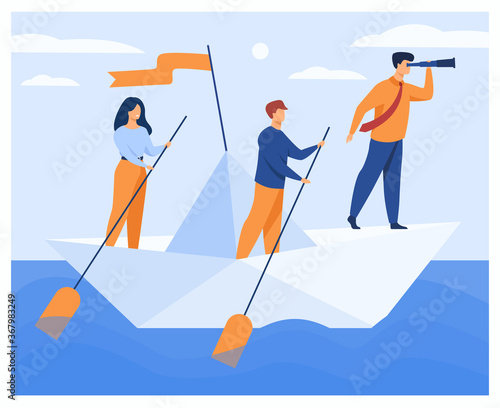 Business team rowing corporate boat with paddles while boss with spyglass looking faraway. Vector illustration for planning, investment, marketing, opportunities, strategy concepts