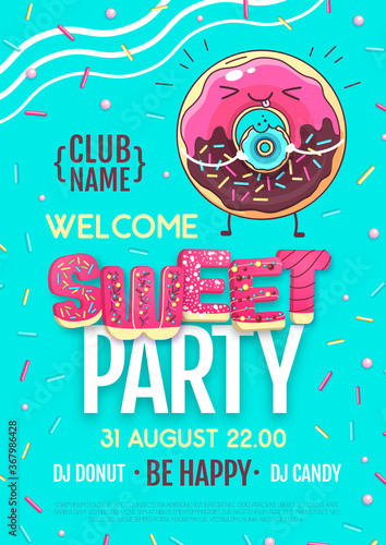 Disco party poster with colorful sweet donuts. Junk fast food background