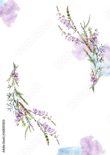 Watercolor floral frame with blooming heather and abstract pink and blue blobs