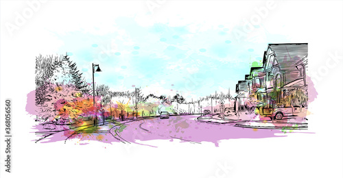 Building view with landmark of Ajax is a town in Durham Region in Southern Ontario, Canada. Watercolor splash with Hand drawn sketch illustration in vector.