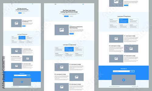 One page landing website design template for business. Landing page ux ui wireframe. Flat modern responsive design. website: home, about, services, features, subscribe, video, footer.