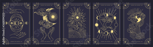 Set of five mystery cards in black and gold with intricate designs over a black background, colored vector illustration