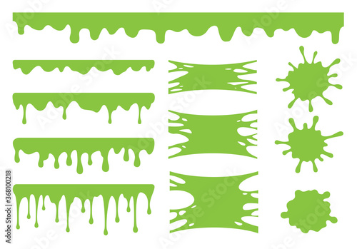 Slime vector set. Green dirt splat, goo dripping splodges of slime. Collection of blots, splashes and smudges isolated on white background.