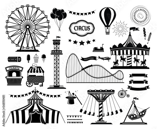 Set of silhouette icons of circus, amusement park. Carnival parks carousel attraction, fun rollercoaster and ferris wheel attractions.