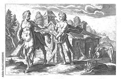 Apollo entrusts Asclepius to Chiron, vintage illustration.