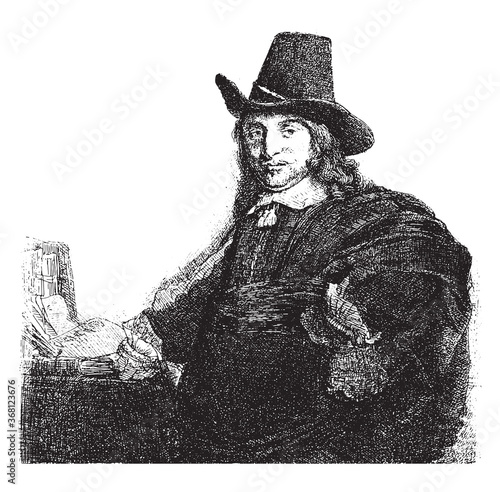 Portrait of the painter Jan Asselijn, Rembrandt van Rijn, 1807 - 1808, vintage illustration.